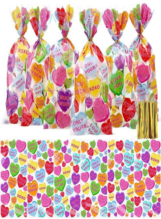 Yeyeplum 480 Pcs Valentine's Day Conversation Heart Cellophane Bags Bulk Set 240 Valentines Treat Clear Goodie Gift Bags with 240 Twist Ties for Valentines Wedding Party Favor Supplies - Image 1